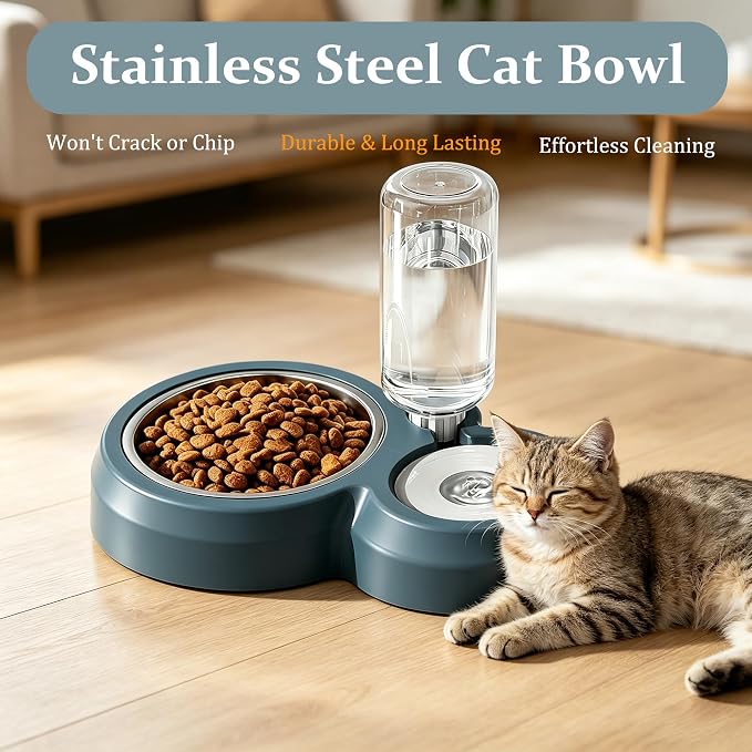 YSHOME&PET Double Dog Bowls, Cat Food & Water Bowl Set with Water Dispenser | Detachable Durable Stainless Steel Bowl Gravity Feeder for Small or Medium Size Dogs Cats Kittens Rabbits Bunny Easy to Clean