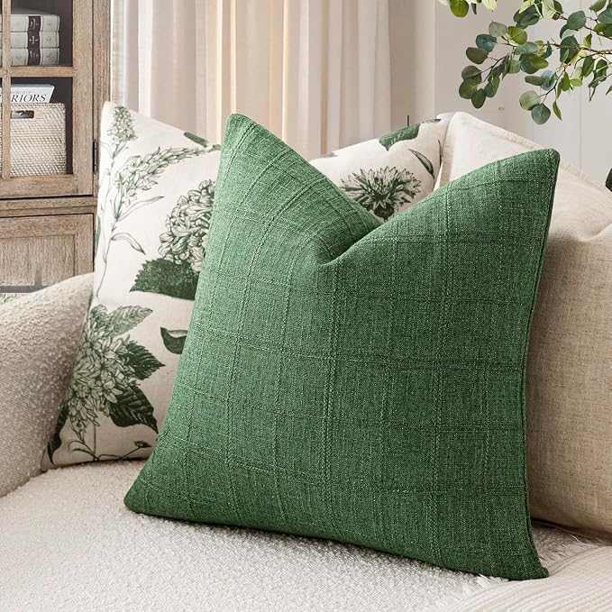 Foindtower Set of 2 Decorative Linen Check Throw Pillow Covers Neutral Farmhouse Vintage Cushion Covers Modern Boho Accent Home Decor for Sofa Chair Couch Bedroom Living Room,16×16 Inch,Forest Green