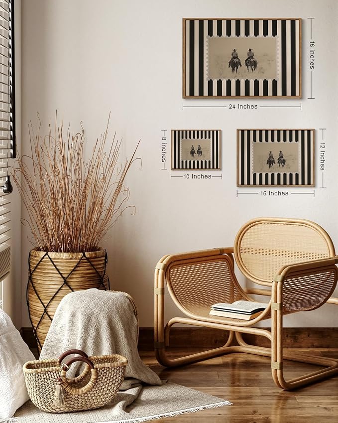 ZZLWBKGL Western Wall Decor Vintage Framed Wall Art Cowboy Canvas Art | Rustic Striped Artwork Retro Stamp Picture Mid Century Paintings for Living Room Bedroom 16x24in