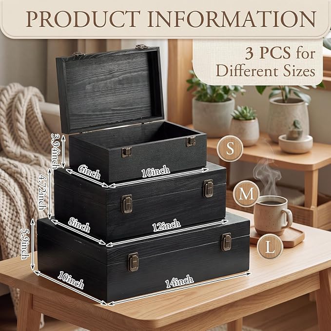 Sliner 3 Pcs Wooden Decorative Storage Boxes with Lids Vintage Wood Organizer Bins for Your Bookshelf Home Decor Safely Store Photos Documents Memory Jewelry Craft Storage (Glossy Black,S M L Size)
