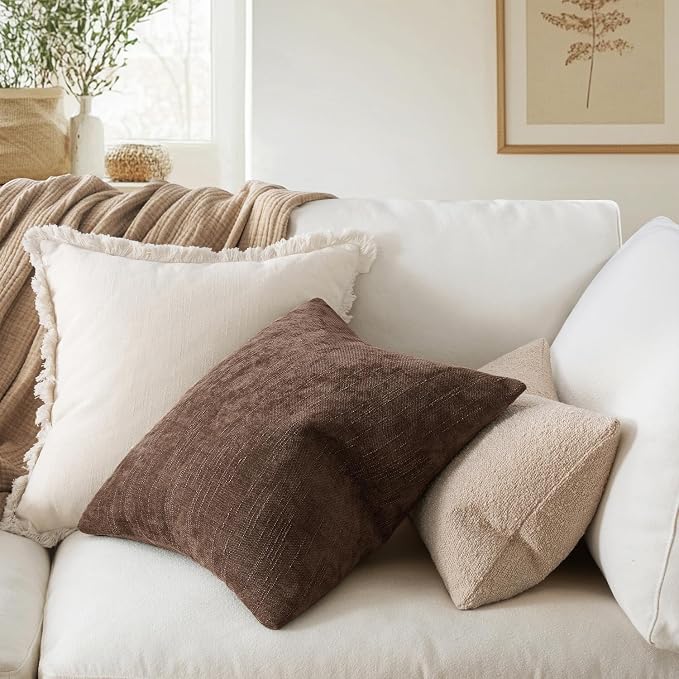 MIULEE 12x20 Inch Lumbar Textured Chenille Pillow Covers Chocolate Brown | Pack of 2 Decorative Soft Throw Pillows, Solid Textured Cushion Covers, Modern Home Decor for Couch Sofa Bedroom Living Room