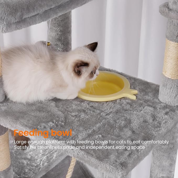 Heybly Tall Cat Tree 78-inch Multi-Level Cat Tower for Indoor Cats HCT033W | Cat Condo with 2 Widened Plush Perches, Multi-Level Cat Furniture with Scratching Board, Big Caves, Light Gray