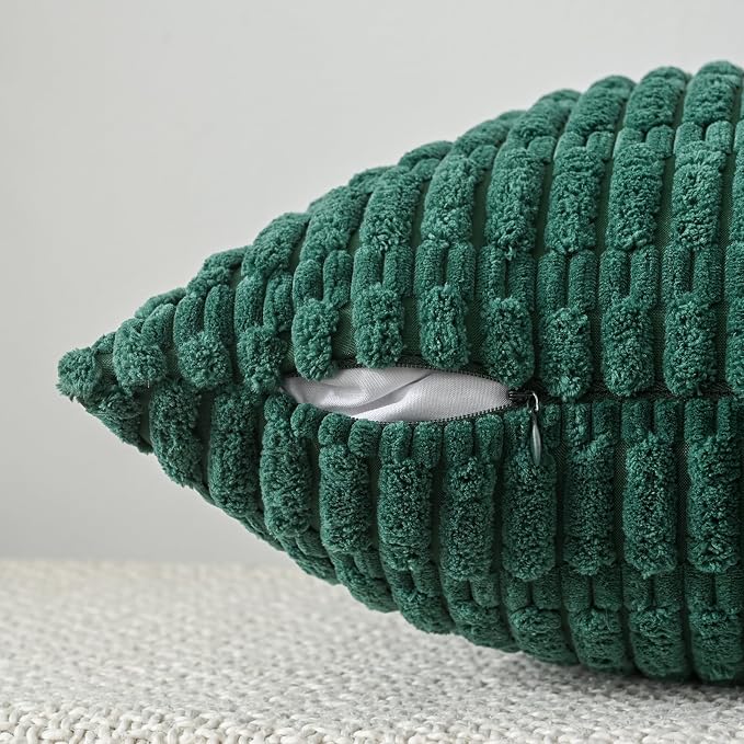 Volcanics Pack of 2 Corduroy Dark Green Throw Pillow Covers 18x18 | Decorative Soft Striped Square Cushion Cases, Modern Farmhouse Boho Home Decor