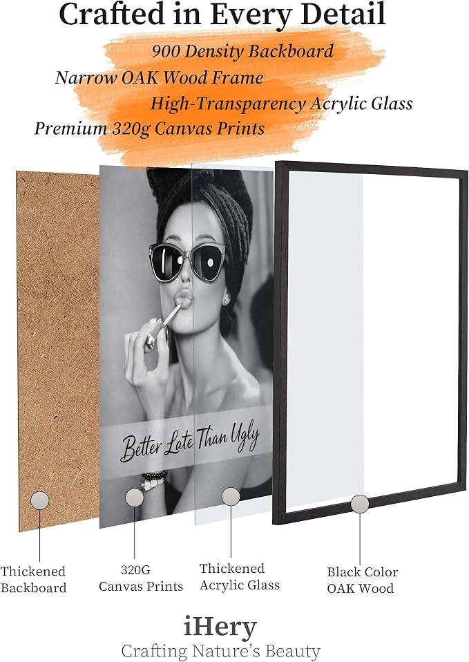 iHery 12x16in Audrey Hepburn Better Late Than Ugly Framed Bathroom Art | Black OAK Wood Frame with Canvas Print, Vintage Makeup Decor for Bathroom, Bedroom, Vanity Room and Living Room, 1Pack