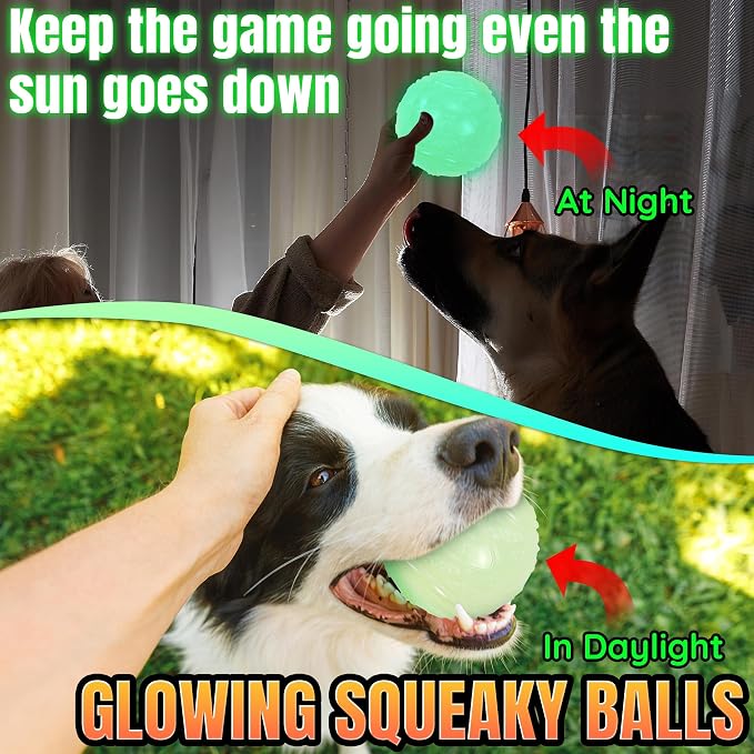 LECHONG 4-Pack 3.5” Glow Squeaky Dog Balls,Bouncy Glow in The Dark Dog Ball with Squeaker, Durable Dog Rubber Ball Toys Glowing Fetch Balls for Medium Large Dogs Nighttime Playing Indoors & Outdoors