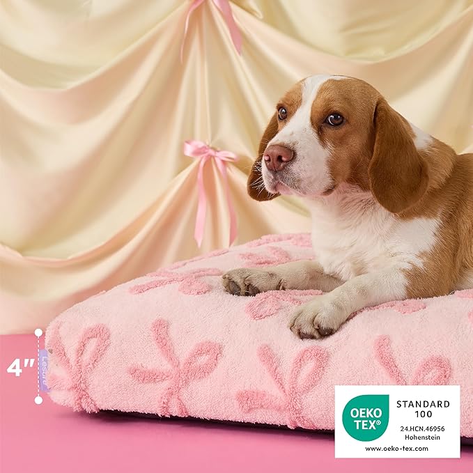 LE SURE Cute Aesthetic Bed Medium Size Dog,Jacquard Thick Pet Pillow 30x20 | Shredded Chopped Foam, Jacquard Modern Plush Crate Cushion Gift Idea, Waterproof Washable Cover, Nonslip Bottom, Bow Pink
