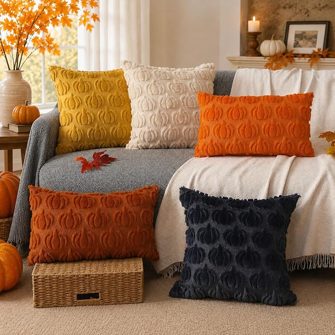 DFXSZ Fall Pillow Covers 26x26 2Pcs Beige Pumpkin Fall Decorations for Home | Fall decor Set of 2 Throw Pillow Cases Soft Plush Faux Fur Wool Couch Cushion for Chair Sofa Bedroom Living Room Home Decor