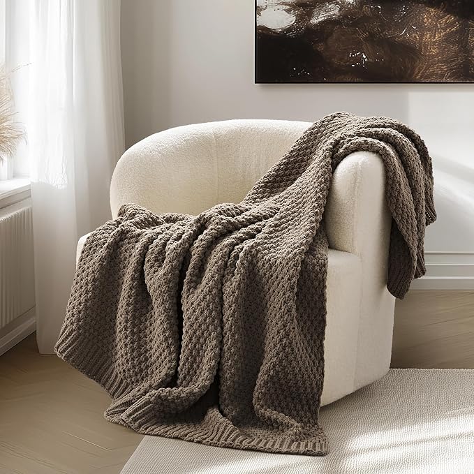 EVERGRACEHOME Chunky Chenille Knit Throw Blanket, 60 x 80, Mocha Brown | Sculpted Moss Stitch, Chic Modern Farmhouse, All-Season Warmth, OEKO-TEX® Certified, Elegant Blanket for Couch, Bed, Sofa