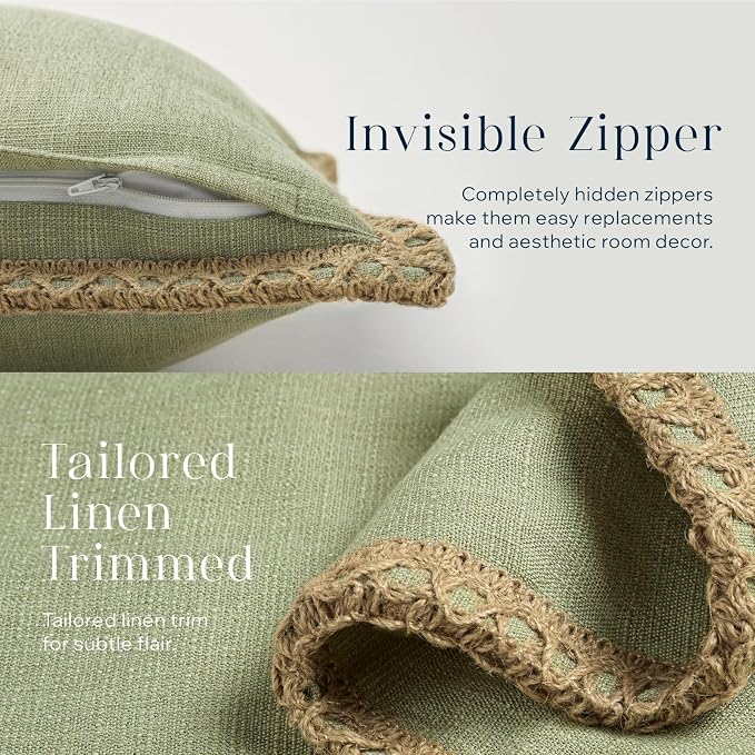 Phantoscope Pack of 2 Farmhouse Decorative Throw Decorative Pillow Cover Burlap Linen Trimmed Tailored Edges, Sage Green, 18 x 18 inches, 45 x 45 cm