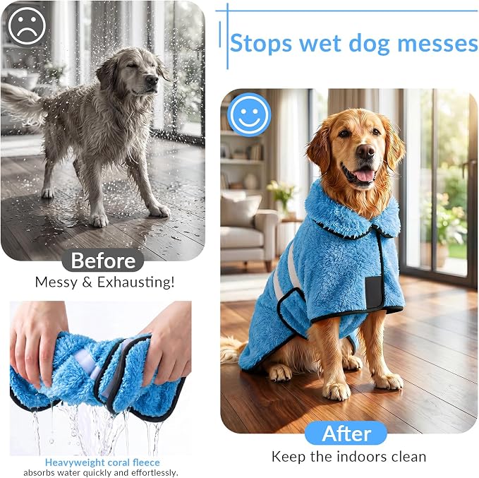 Dog Bathrobe, Super Absorbent for Small to Large Dogs, Light Blue 2XL | Dog Robes with Soft Fleece, Warm & Cozy, Adjustable Fit, and Quick Drying Coat for Baths Swimming and Grooming