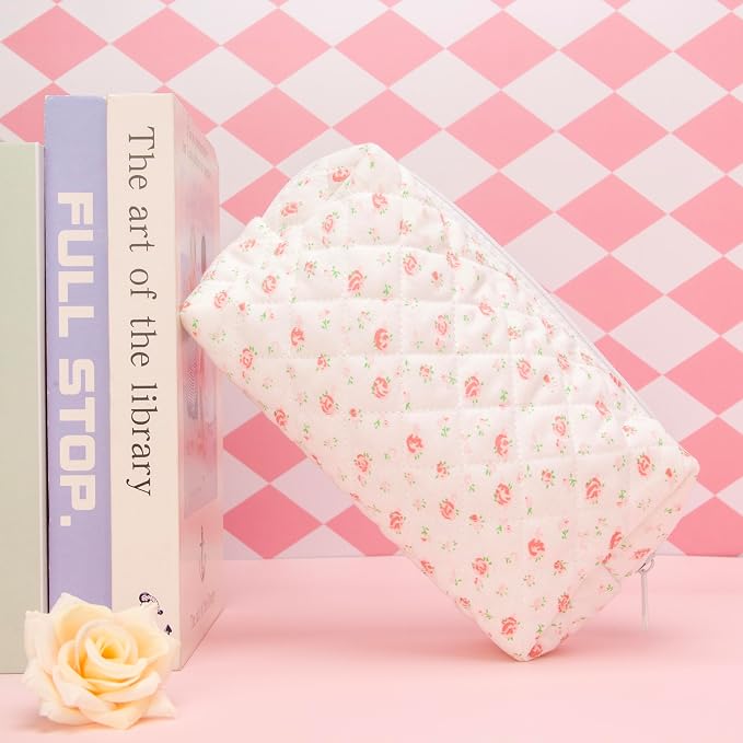 PAZIMIIK Small Quilted Makeup Bag,Zipper Cosmetic Pouch,Gauze Rose,2 Pack | Lightweight Cosmetic Bag Organizer for Women,Purse Storage Holds Makeup,Toiletries,Skincare,Beauty Essentials,Travel Items