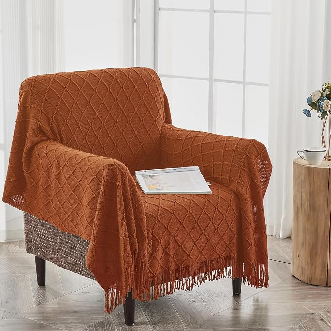 inhand Orange Rust Knitted Throw Blanket for Couch and Bed, 50"x60" | Soft Cozy Knit Blanket with Tassel, Lightweight Decorative Blankets and Throws, Farmhouse Warm Woven for Men and Women