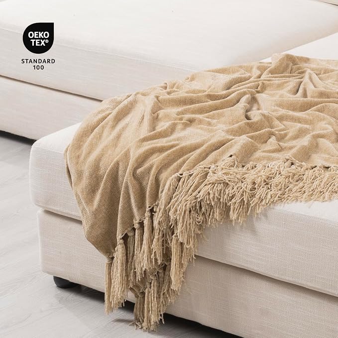 RECYCO Chenille Throw Blanket for Couch, 50"x60", Beige | Super Soft Knit Throw Blanket with Fringe Tassels, Lightweight Knitted Throw, Cozy, Ideal for Sofa Chair Bed Living Room Gift