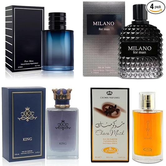 AFLUXE 4-Piece Cologne for Men Includes Choco Musk/SE/King/Milano Scent of Woody, Spicy, Citrus & Aromatic eau de parfum Men Gift Set Each 100Ml for Daily Use