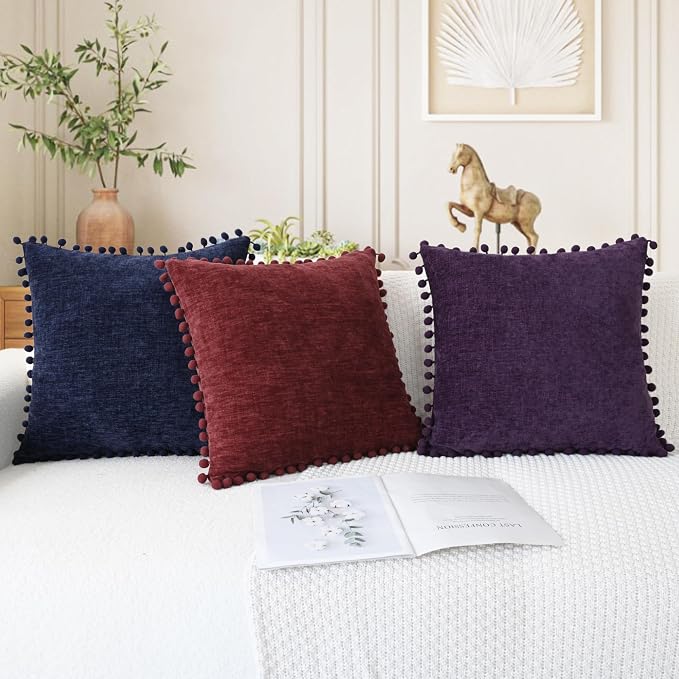 CaliTime Decorative Couch Throw Pillow Covers 20 X 12 Inches Burgundy | Pack of 2, Cozy Chenille Cushion Cases, with Pom Poms for Sofa Bed Living Room Farmhouse Home