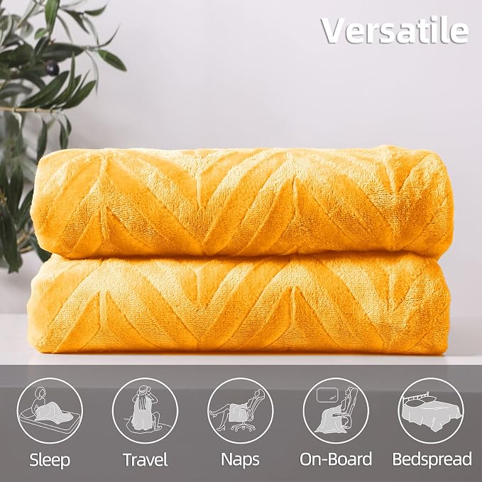 Whale Flotilla Flannel Fleece Fall Bed Blanket Twin Size, Lemon Yellow | Lightweight Breathable Soft Bedspread, Plush Fluffy Coverlet Chevron Design Decorative Blanket for Home Life, 60x80 Inch