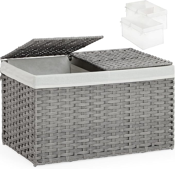 SETVSON Storage Basket with Lid, PE Rattan Woven Storage Bin, Gray | Dual Lid Blanket & Clothes Organizer, Divided Storage Bin, 2 Washable Liner Bags, Collapsible PE Rattan Trunk