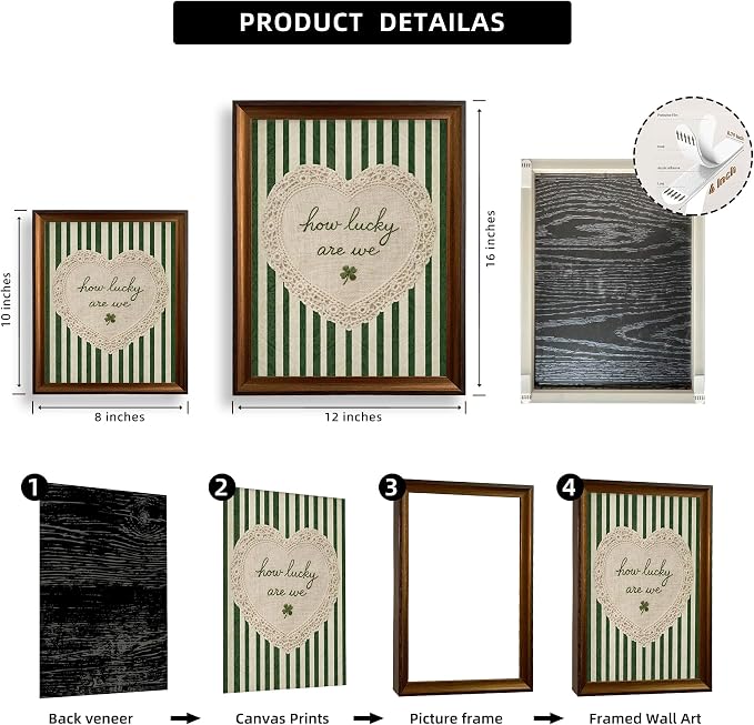 Framed How Lucky Are We Wall Art Vintage Inspirational Quotes Decor Print | Green Striped Lace Heart Aesthetic Painting Poster Trendy Preppy Canvas Picture for Bedroom Collage Ready to Hang 12inx16in