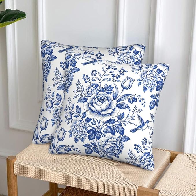 Blue White Chinoiserie Floral Throw Pillow Covers 20x20 Set of 2 Farmhouse Decorative Cushion Cases Home Decor