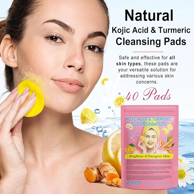 Kojic Acid and Turmeric Cleansing Pads, Turmeric Kojic Acid Pads for Face Scrub, Deep Cleansing Dark Spots with Lemon Extract, Vitamin C, Vitamin B5 (40pcs)