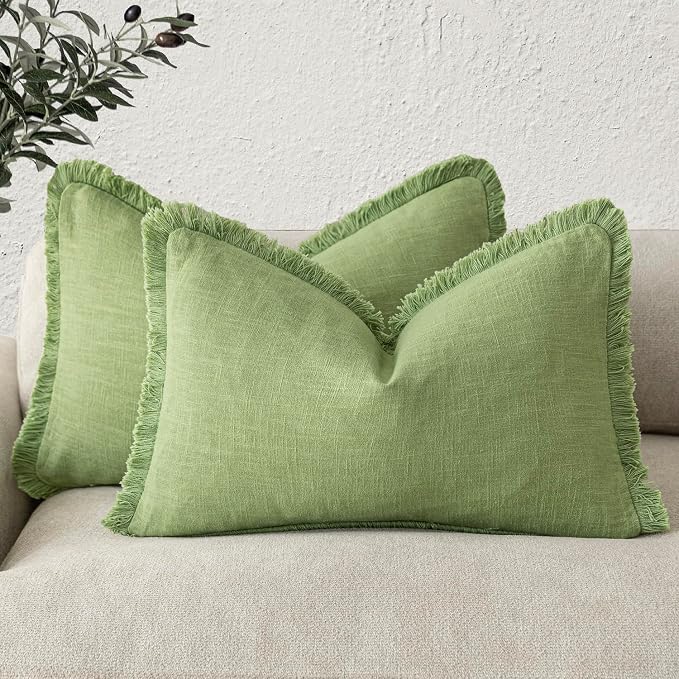 Foindtower Set of 2 Decorative Linen Fringe Lumbar Throw Pillow Covers Boho Farmhouse Cushion Cover with Tassels Soft Accent Pillowcase for Couch Sofa Bed Living Room Home Decor,12×20 Inch,Lime Green