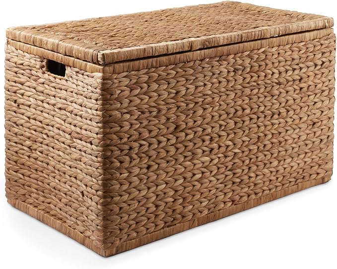 Casafield 30" Storage Chest with Lid, Handles, and Safety Hinge - Cinnamon Brown, Hyacinth Wicker Storage Trunk for Entry Way, Living Room, Bedroom