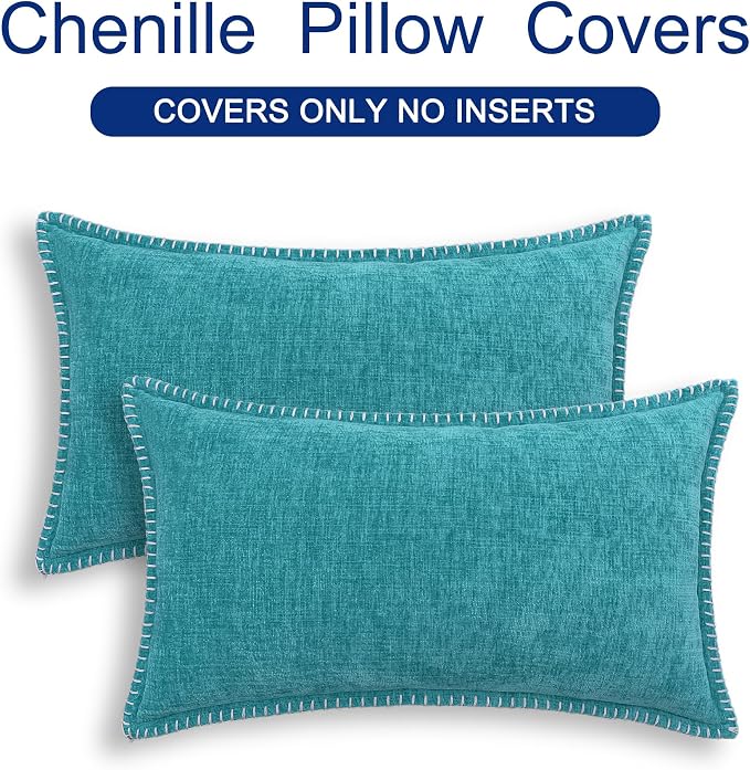 CaliTime Decorative Couch Throw Pillow Covers 20 X 12 Inches Lake Blue | Pack of 2, Cozy Chenille Cushion Cases, Cotton Thread Stitching Edges, for Sofa Bed Living Room Farmhouse