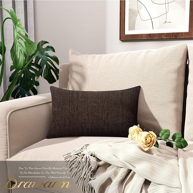 BRAWARM Throw Pillow Covers 12x20 Inches - Coffee Chenille Lumbar Pillow Covers Pack of 2, Solid Dyed Soft Chenille Pillow Cases for Couch Sofa Bed Home Decoration