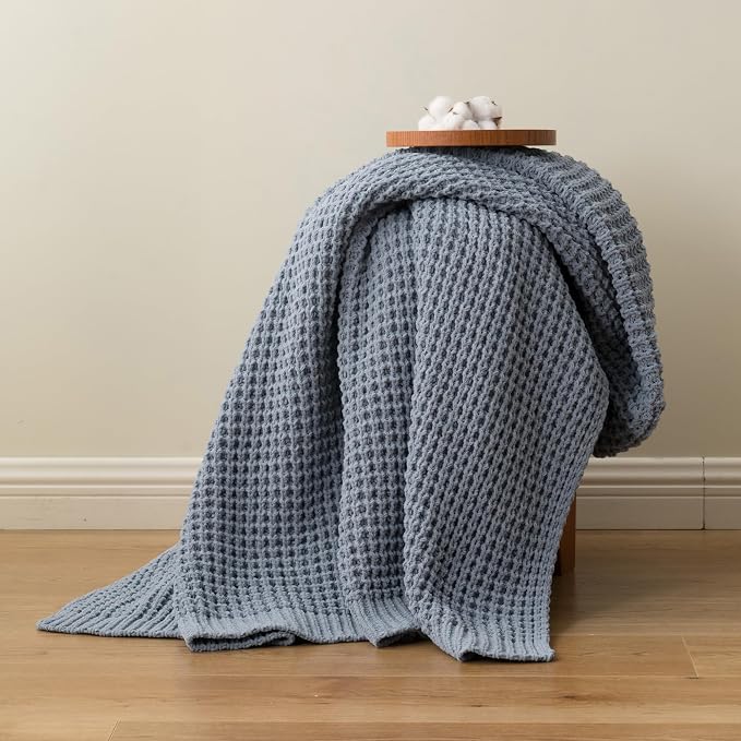 Blue Grey Throw Blanket for Couch, Waffle Knitted Throw Blanket 60"x80" | Chunky Chenille Throw Blanket, Soft Blue Throw Blanket for Home Decor, Sofa, Modern Farmhouse Knit Style
