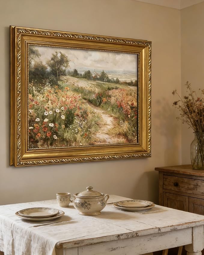Vintage Gold Framed Wall Art Landscape Nature Wildflower Canvas 16x24in | Country Wildflower, Living Room, Bedroom Decor, Gifts for Friends or Family