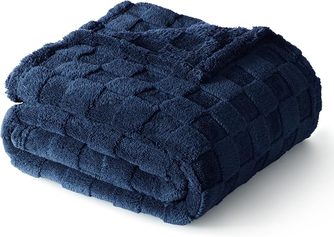 Exclusivo Mezcla 3D Checkered Fleece Throw Blanket for Couch, Navy Blue | Super Soft and Cozy Fluffy Throw, Lightweight and Breathable, Cute Fuzzy Blanket for Sofa, Home Decor, All Season, 50"x60"