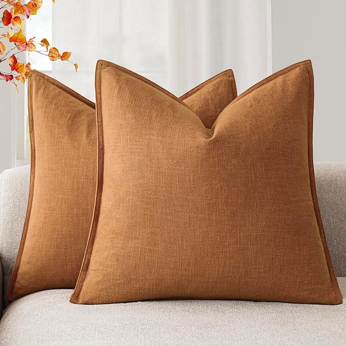 Foindtower Set of 2, Decorative Linen Solid Throw Pillow Covers Soft Accent Cushion Euro Case Boho Farmhouse Pillowcase for Chair Couch Sofa Bedroom Living Room Home Decor 22 x 22 Inch Autumn Orange