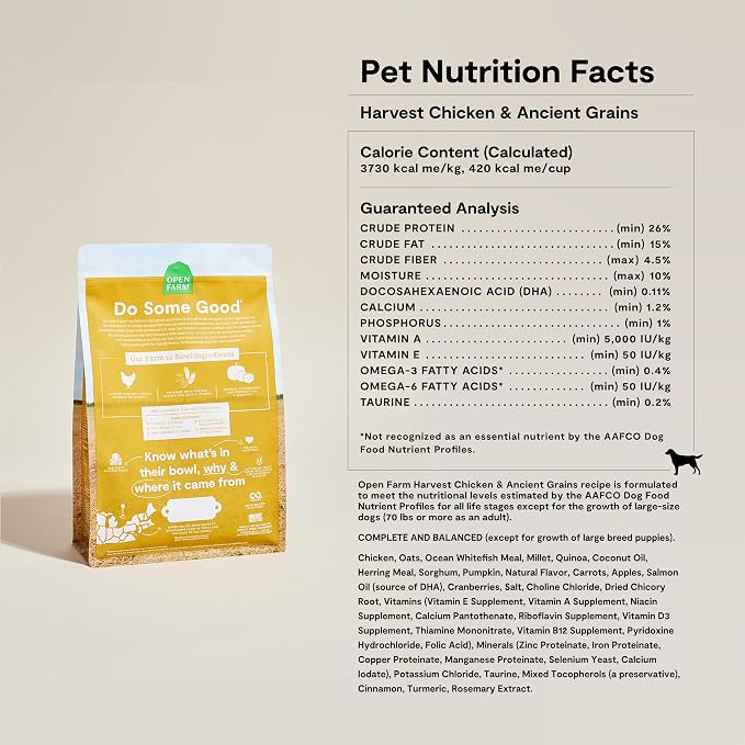 Open Farm Ancient Grains Dry Dog Food, Harvest Chicken Kibble, 22lb Bag | All Life Stages, All Breed Sizes, Protein-Rich & Nutrient Dense, 100% Traceable Ingredients, Non-GMO Fruits & Veggies.