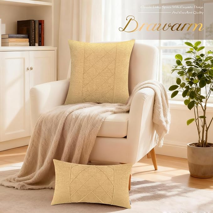 BRAWARM Chenille Throw Pillow Covers 18x18 Inches, Gold, 2 Pack | Decorative Pleated Pillow Covers, Soft Cushion Cases for Sofa Bed Living Room Home Farmhouse (No Insert)