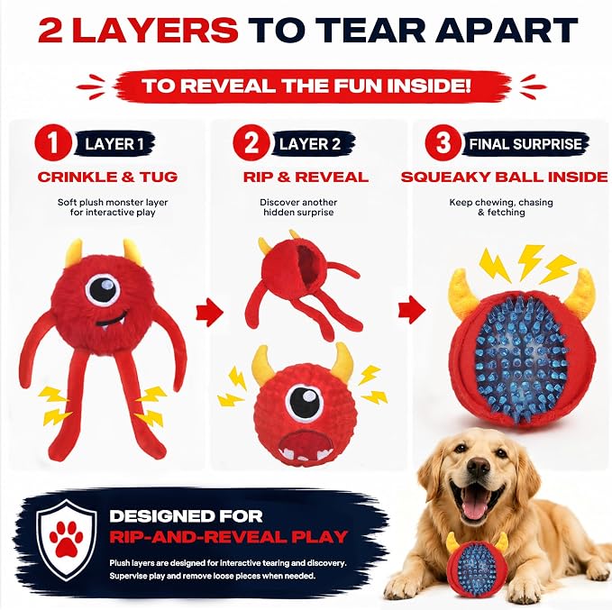 Fida Dog Toys for Aggressive Chewers, 3 in 1, Tough Squeaky Ball, Red