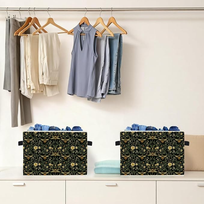 Moody Floral Bumblebee Storage Box Bins, Dark Cottagecore Honey Bee Botanical Collapsible Storage Basket Organizer for Bedroom Bathroom Home Clothes Books, Decor for Room