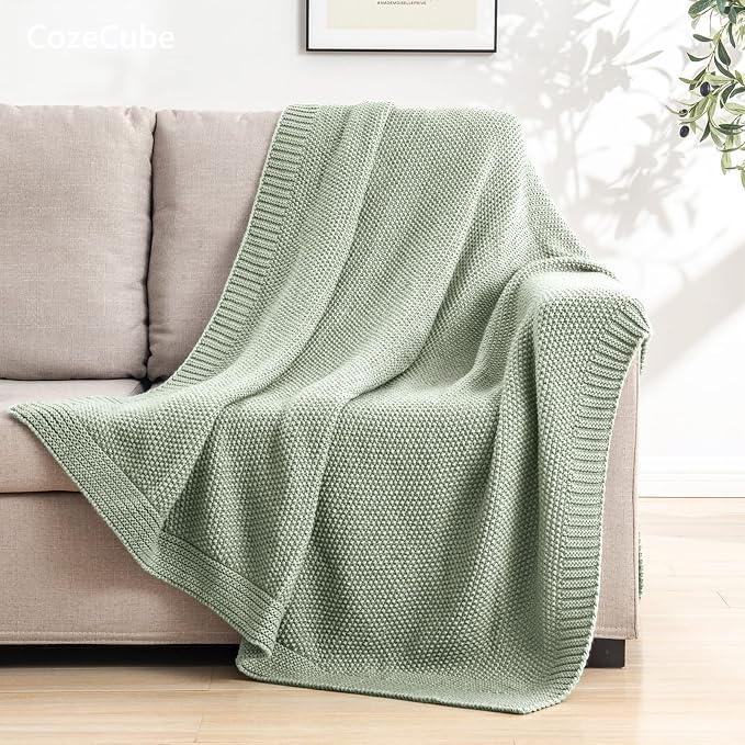 CozeCube Sage Green Seed Stitch Throw Blanket 60"x80", Farmhouse Decor | Blanket for Couch, Soft Cozy Cable Knit Throw for Bed Sofa Living Room, Lightweight Warm Decorative Christmas Blanket