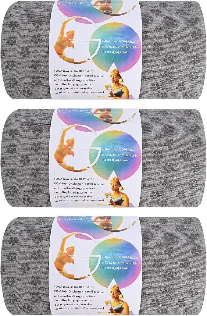 3 Pack Hot Yoga Towels with Plum Blossom Grip Dots, Non Slip Yoga Mat Towel, Super Absorbent Soft Suede Microfiber Mat Cover for Hot Yoga, Pilates, Bikram & Workout,(24" x 72", Dark Grey)