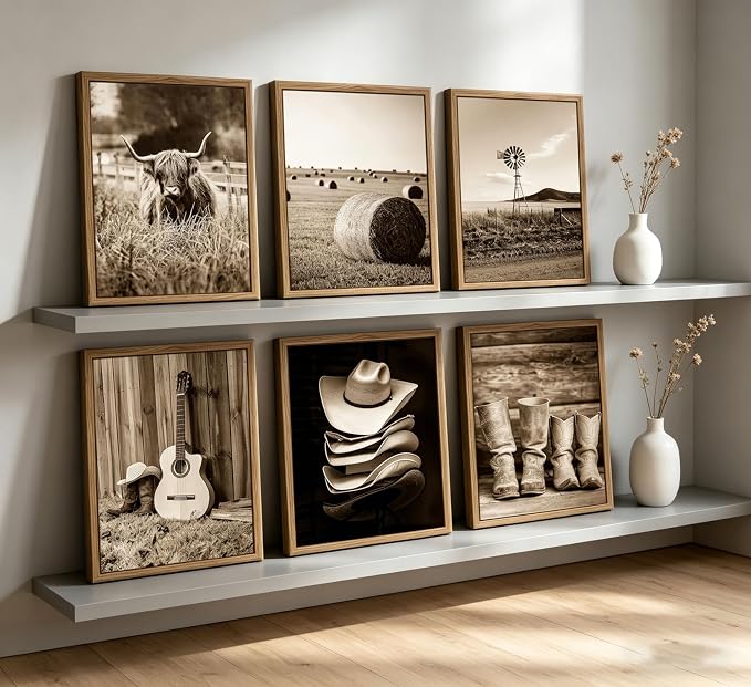 6Pcs Vintage Western Cowboy Wall Art, Highland Cattle Prints, 10" L x 8" W | Rustic Farmhouse Canvas Posters, Country Western Style Wall Decor for Bedroom and Kitchen, Unframed