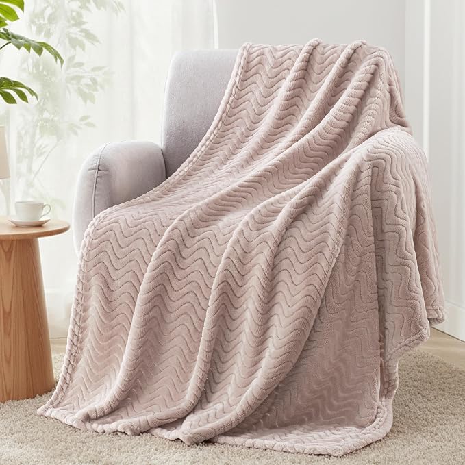 Exclusivo Mezcla Large Fleece Throw Blanket for Couch, Sofa, Camel | 50"x70" Soft Breathable Lightweight Flannel Throws for Summer, Plush Cozy Jacquard Wave Blanket for Home Decor