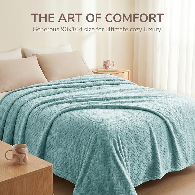 Exclusivo Mezcla Soft Fleece Blanket King Size for Bed, Sofa, Celadon | 90"x104" Breathable Lightweight Flannel Blanket for Summer, Plush Cozy Jacquard Wave for Home Decor