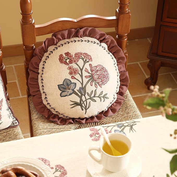 Designer Linen Throw Pillow Cover,Set of 2,Diameter 16"-Helena D | Vintage Elegant Round Decor Pillow Cover,Concealed Zipper Design,Floral Pattern,Sofas,Bedroom,Living Room,Lounge Chairs