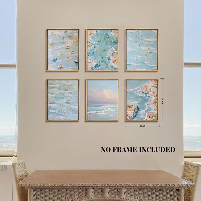 Coastal Beach Canvas Wall Art Set of 6, Abstract Ocean Sailing Boats and Surfboard Posters Wall Decor, Aesthetic Seaside Landscape Artwork Posters Prints for Living Room Bedroom 12x16 Inch Unframed12x16 Inch