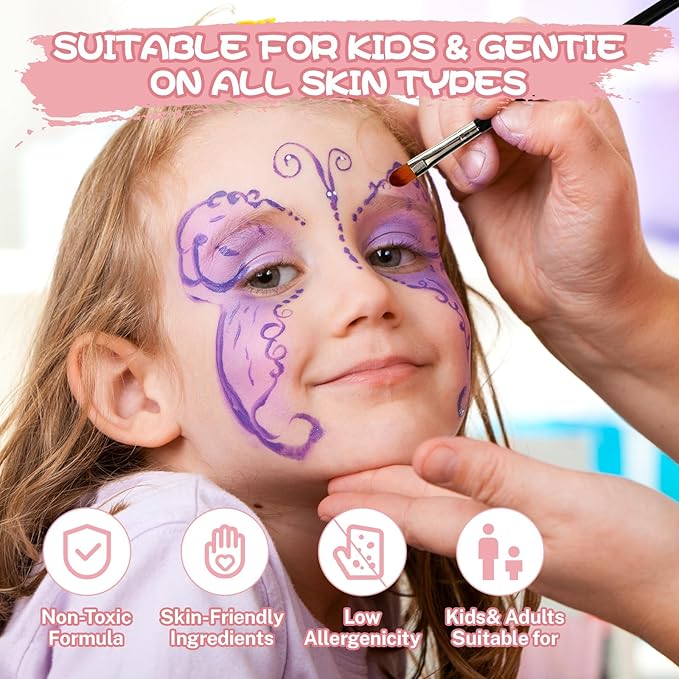 42 Color Kids Face Paint Kit - Non-Toxic, Water-Based Palette with Stencils, Brushes, Gems & Glitter for Halloween, Carnival, Costume Parties & Creative Activities