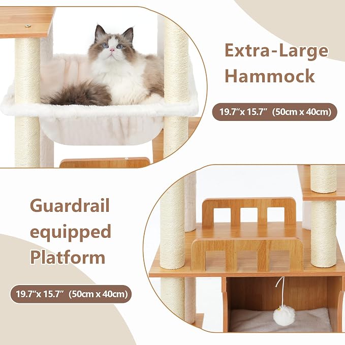 Modern Cat Tree Tower, 2-Layer Condo & Perch, Big Hammock 102WB | 70.9''Wooden Cat Tower House Large Platform with Safe Guardrail for Indoor Cats Adult, All Sisal Scratching Post, Walnut