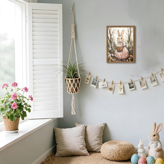 Framed Easter Bunny Canvas Wall Art, Rabbit & Egg Basket Poster Prints, Farmhouse Style Holiday Wall Decor, Vintage Rustic Home Artwork for Kids Room Bedroom Living Room 12x16 inch