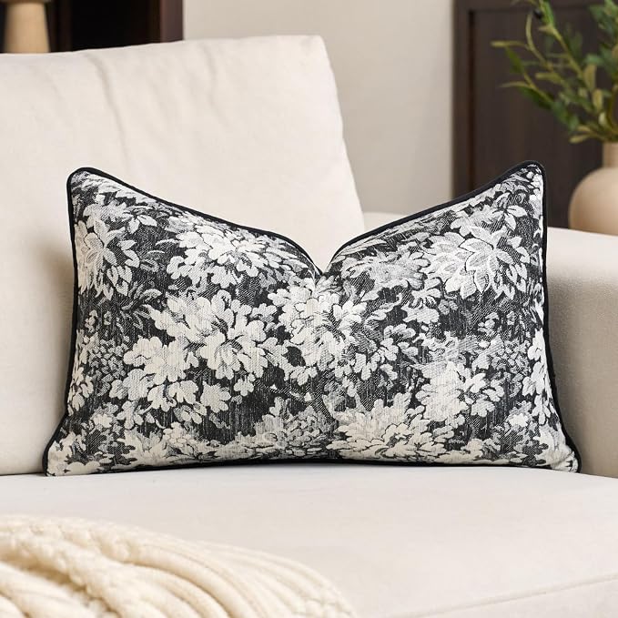 Alerfa Black Neutral Floral Pillow Cover 12 x 20 Inch, Vintage Chenille Rectangle Couch Pillow Cover Soft Decorative Farmhouse Accent Pillowcase for Living Room Bedroom