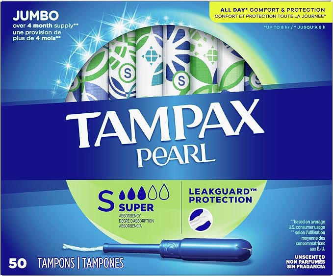 Tampax Pearl Tampons for Women, with LeakGuard Braid, Super Absorbency, Unscented, 50 Count (Pack of 3)