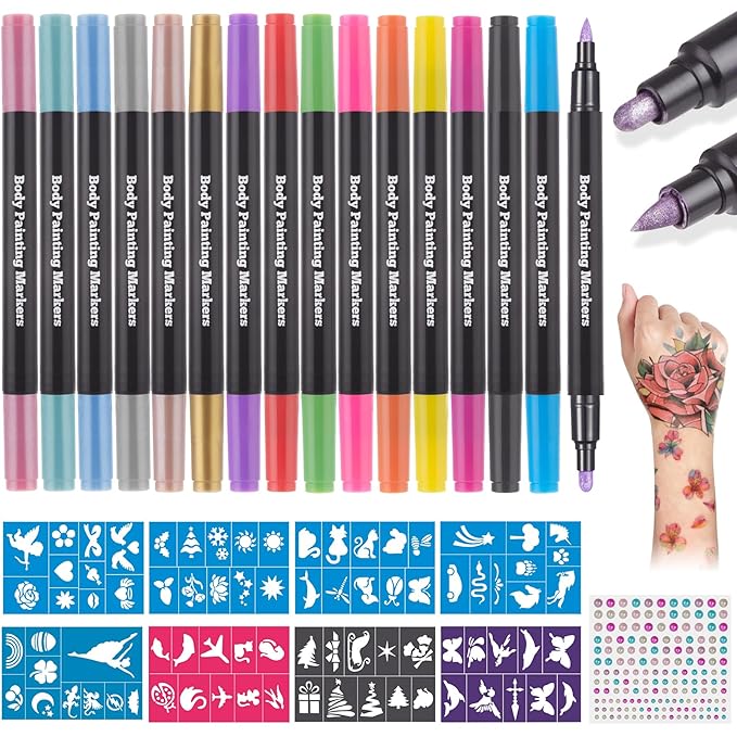 Lictin Temporary Tattoo Markers for Skin, 16 Colors Dual-End Skin Tattoo Pens with 80 Tattoo Stencils, Matte & Metallic Body Markers for Kids Teens and Adults, Flexible Brush Tip, Cosmetic-Grade