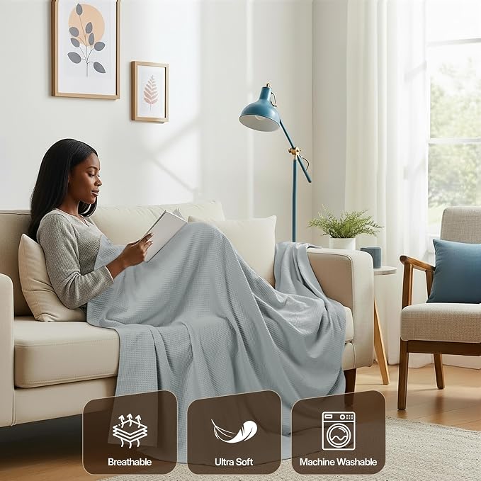 Utopia Bedding Cotton Blend Cool Grey Waffle Blanket Queen - 90x90 Inches | Lightweight, Skin Friendly, Breathable, All Season, Luxury, Bed, Couch, Sofa